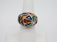VINTAGE MODERNIST TAXCO MEXICO STERLING SILVER COLORFUL ENAMEL DOME RING