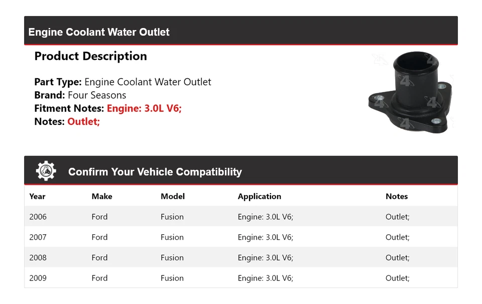 For 2006-2009 Ford Fusion 3.0L V6 Engine Coolant Water Outlet 4 Seasons 2007 - Image 2 of 4