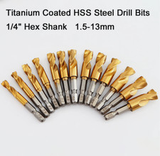 Titanium Coated HSS Steel Drill Bits Metal Wood Plastic 1/4" Hex Shank 1.5-13mm