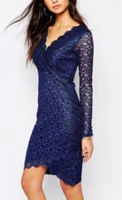 Blue Metallic  Bodycon Dress Size 12 Long Sleeve  Party V Neck Wedding Cocktail