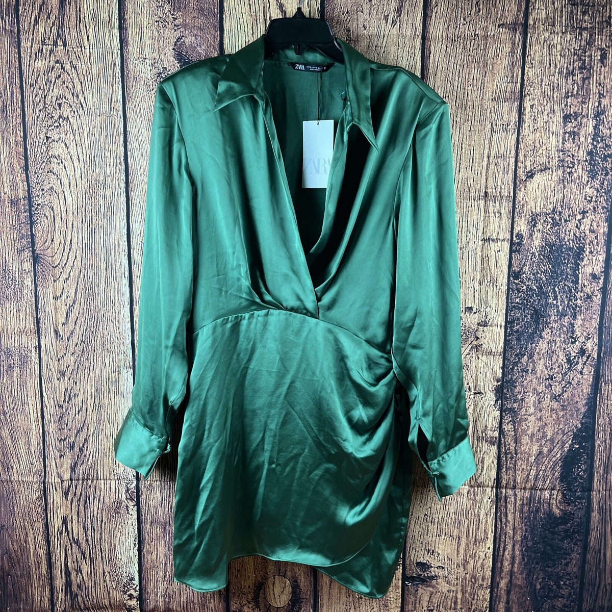 Zara Dress Womens Long Sleeve Hunter Green Wrap Top Mini Dress