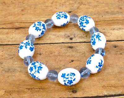 Blue flower porcelain bead bracelet with blue glass beads, stretch bracelet New