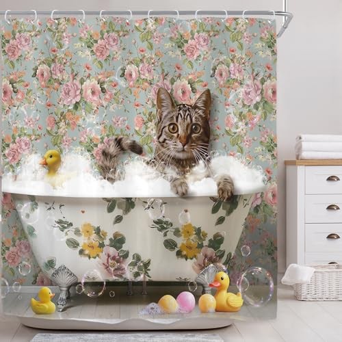 Lustiger süßer Katzen Duschvorhang für Badezimmer Deko 72Bx72H Vintage Rose Floral - Bild 2 von 7
