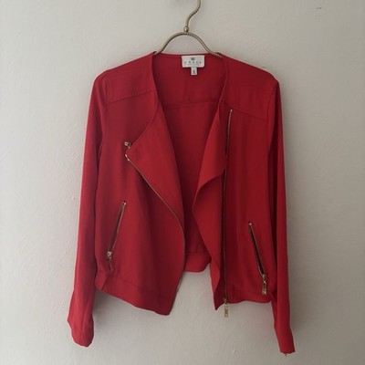 Chaus Women s 100% Linen Red Blazer Moto Jacket Size 4 Gold Accents Quiet Luxury