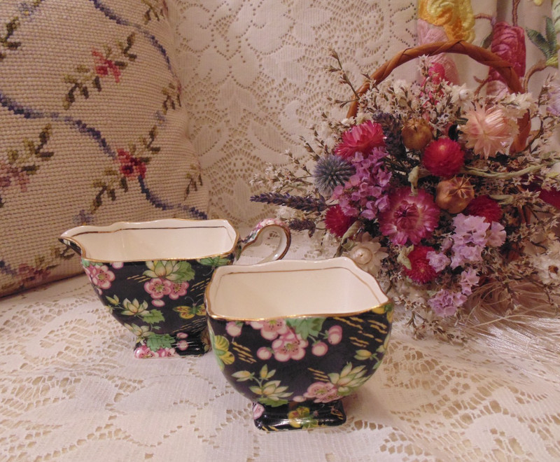 Royal Winton Grimwades Chintz Sugar Creamer "Orient" Black Floral Butterfly 1953