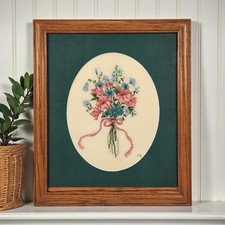 VTG Spring Flower Bouquet Blue Pink Green Finished Cross Stitch Frame Matted 11"
