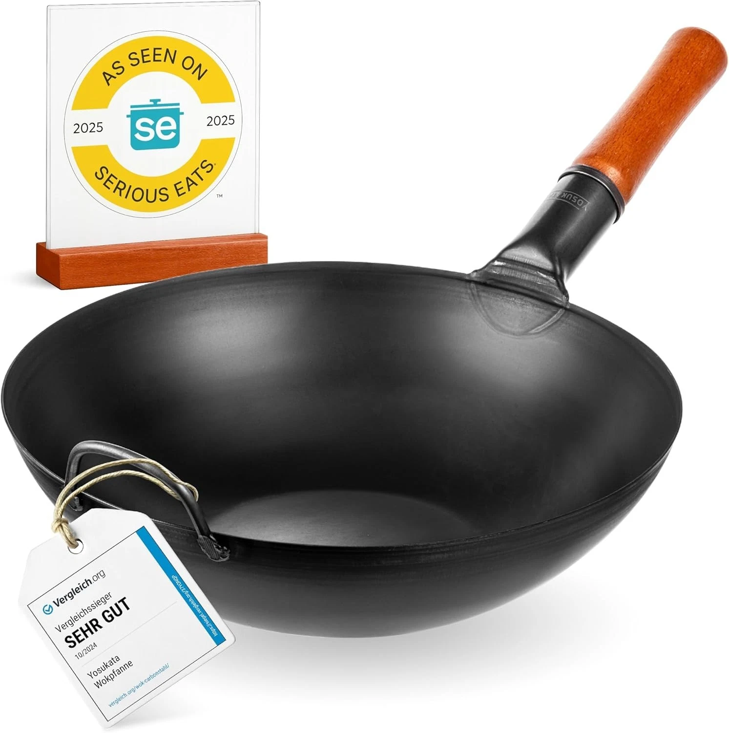 13.5" Carbon Steel Wok Pan – Pre-Seasoned Flat Bottom Pow Wok Stir Fry BBQ Grill