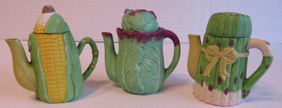 Porcelain Set of 3 Mini Tea Pots Toothpick Holder Corn/Cabbage/Asparagus 4 Inch