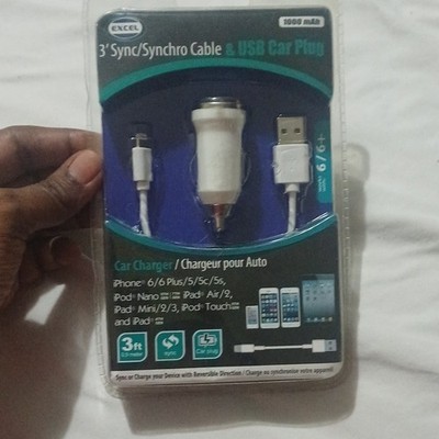 Excel 3ft Fast Charge Car Charger & 8 Pin Cable White for iPhone 6 5s 5c