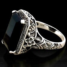 BLACK AGATE 925 SOLID STERLING SILVER FILIGREE ART DECO STYLE RING     762