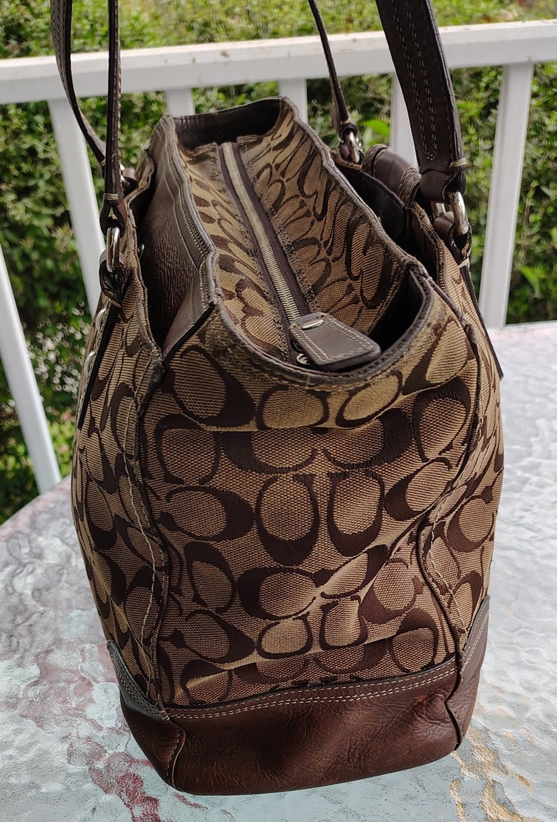 Coach Brown Signature C Woven Canvas Bag w/Leather Trim & Turnlock