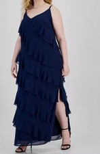 B Darlin Womens Blue V-Neck Sleeveless Ruffle-Trim Gown Dress Plus Sz-14W