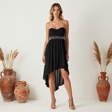 Evening Cocktail Maxi Dress Black Chiffon Asymmetric Sweetheart Strapless US 4