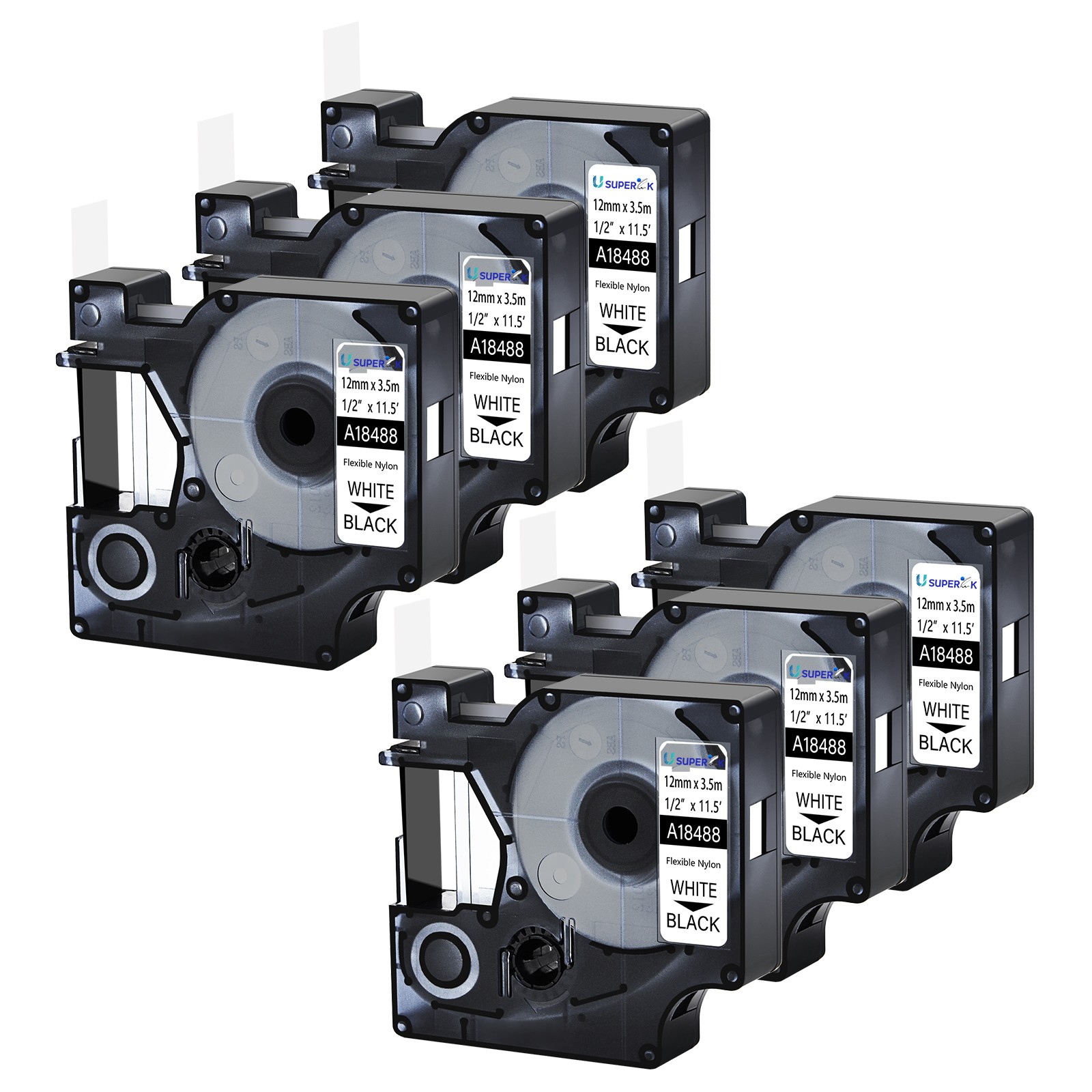 6PK Dymo A18488 Black on White Flexible Nylon Label Tape 1/2"x3.5m Rhino 5200
