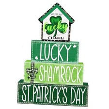 4Pcs St.Patrick's Day Table Decoration Shamrocks House Wooden Block Signs