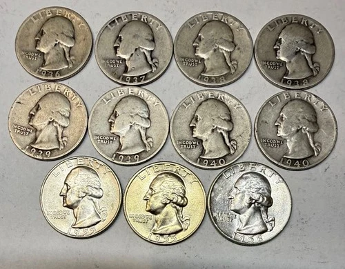 Lot of 11 Washington 90% Silver Quarters 1936-1958, Key dates & UNC Coins
