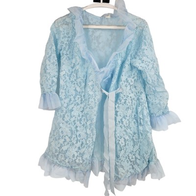 Vintage 70s Blanche Sleep Coat Blue Floral Lace Tie Front 3/4 Sleeve Size S