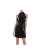 HALSTON Womens Black Lined Sleeveless Mock Neck Mini Party Faux Wrap Dress 0