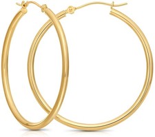 14k Gold Classic Polished Round Hoop Earrings, 2mm tube, 35mm 1.4 inch