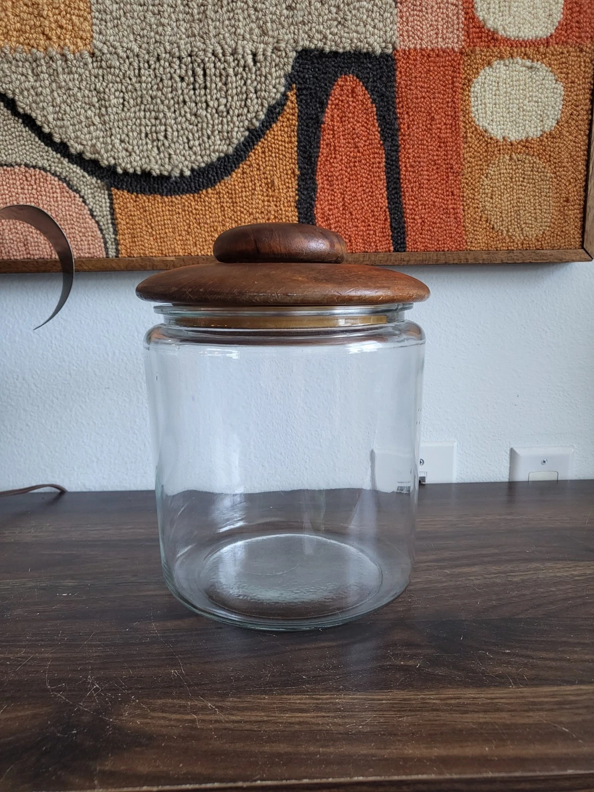 Vintage Large Glass Jar W/ Winsome Wood Teak Lid - Made In Thailand