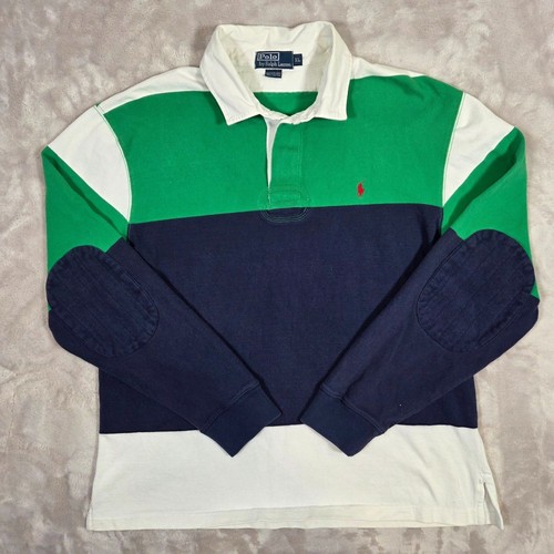 Vintage Polo Ralph Lauren Rugby Shirt XL Green Navy White Stripe Elbow Patch - Image 1