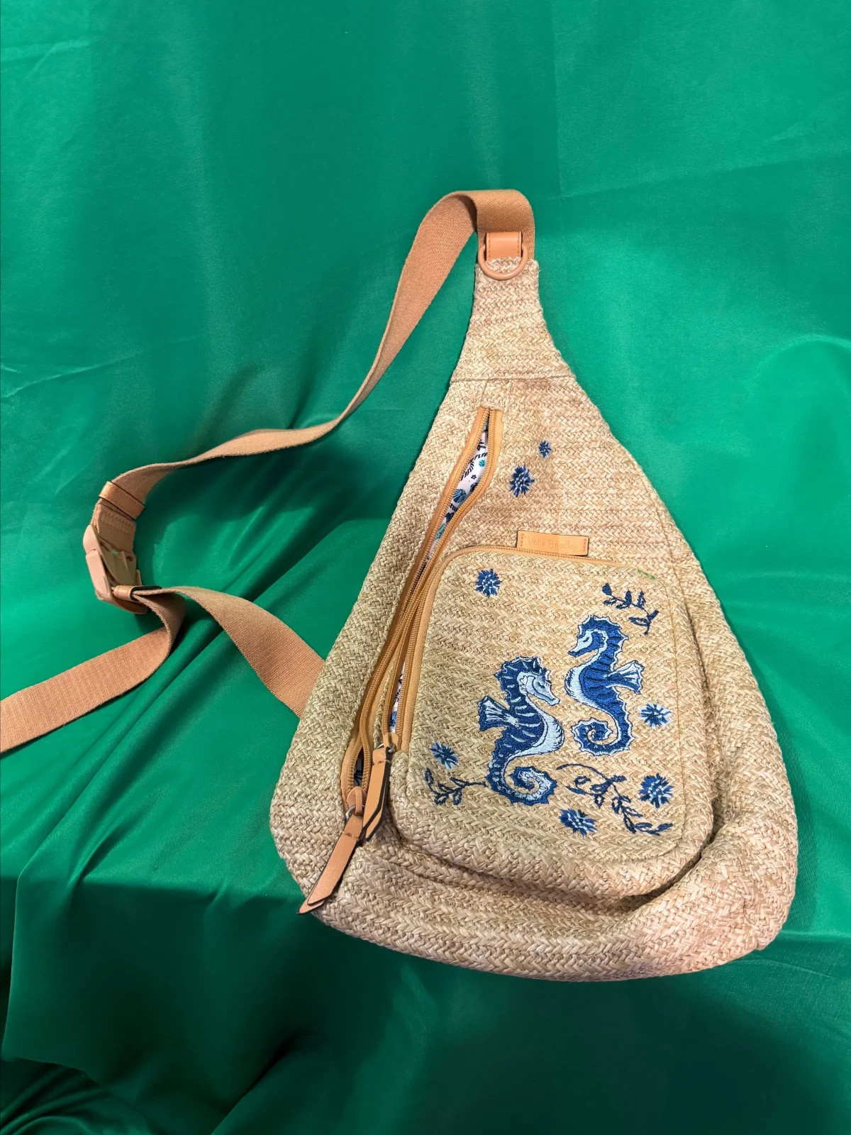 Vera Bradley Straw Sling Backpack In Natural Sea Life With Blue Seahorses