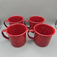 Lot 4 Red With White Speckles Enamelware Mugs D-Handle Enamel On Metal Camping