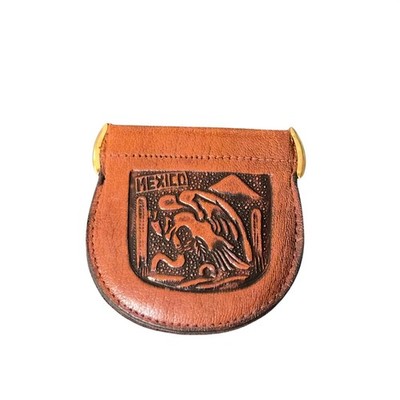 VTG Mexico Tooled Leather Squeeze Coin Pouch Brown Eagle Snake Aztec Souvenir