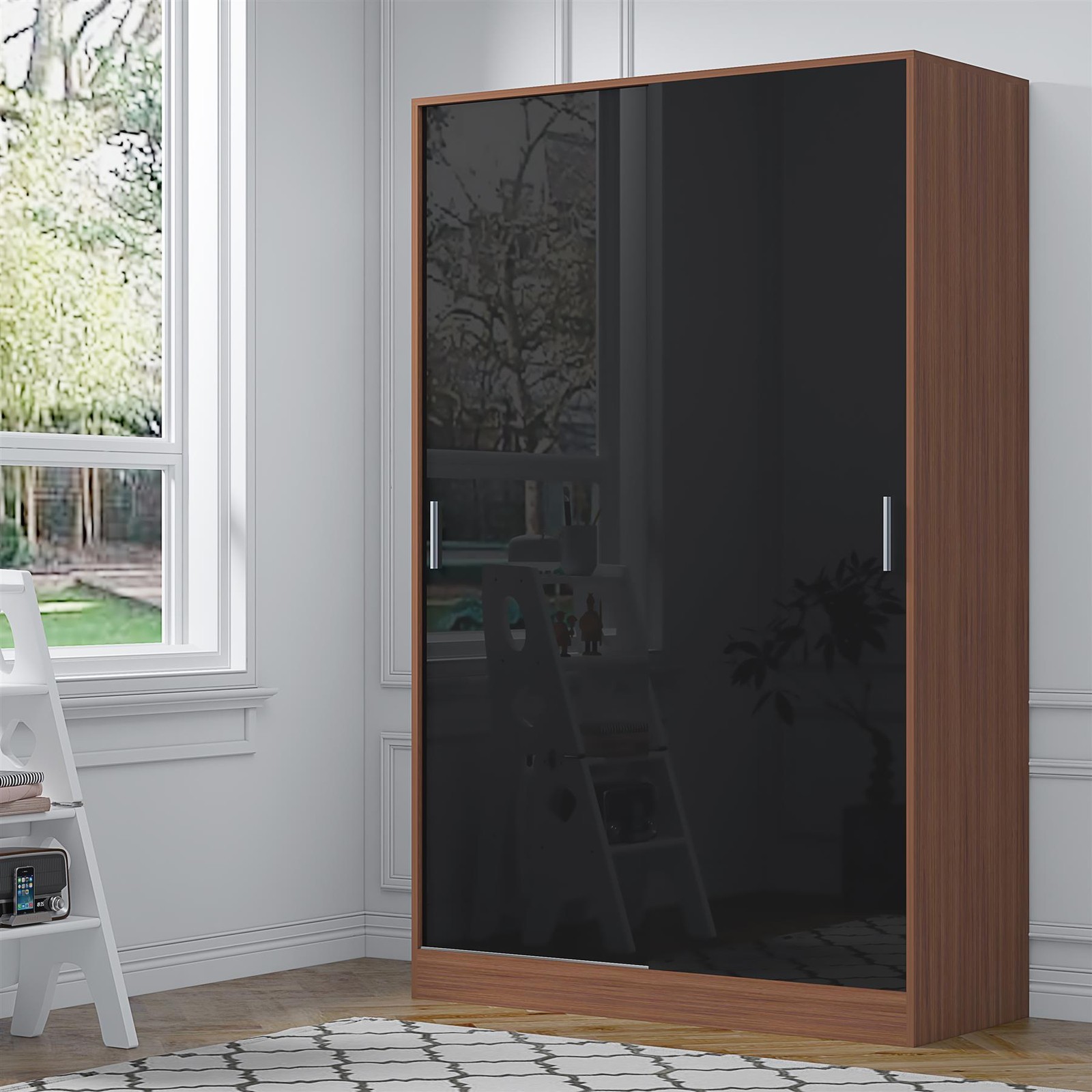 REFLECT 2 Door Sliding Wardrobe - Black Gloss Fronts & Matt Walnut Carcass - Image 5
