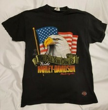 Vtg Mens L Harley Davidson Motorcycle T-Shirt 90s American Eagle and Flag print