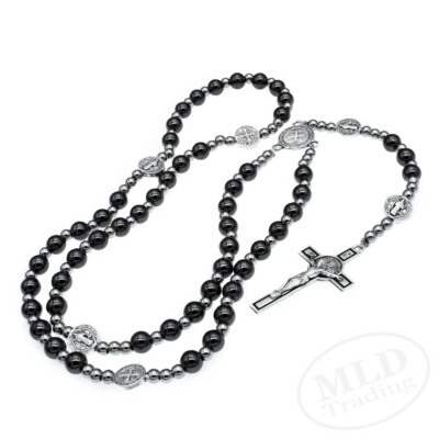 Saint St Benedict Pocket-Sized Rosary - 16'', Hematite & Metal Beads, Wire Cord