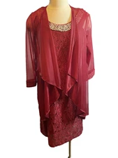 R&M Richards Jacket Dress Set Lace Cranberry  sz 10 Formal Mother Bride Evening