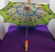 Vintage Childs Cloth Umbrella With Kokeshi 3" Wooden Handle