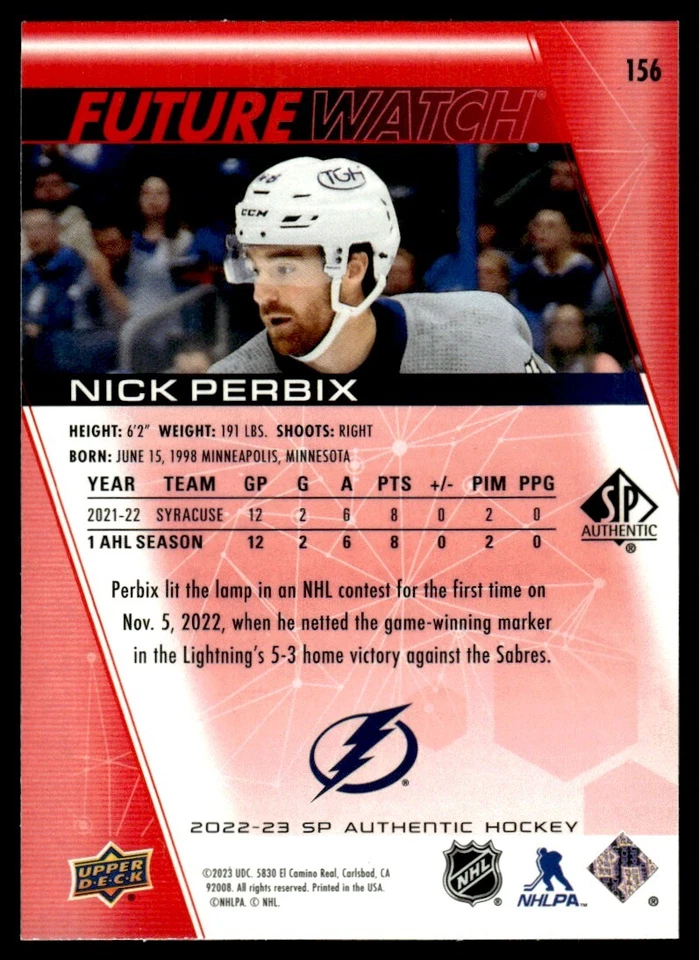 2022-23 SP Authentic Limited Red Nick Perbix Tampa Bay Lightning #156 - Image 2 of 2