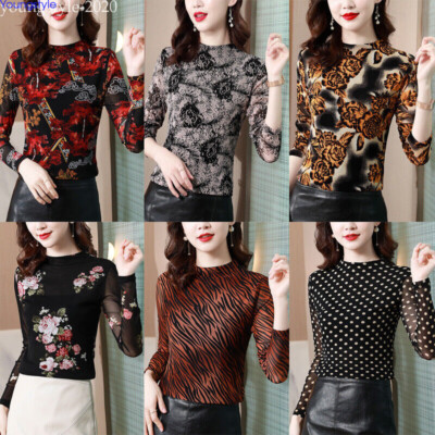 Plus Women Retro Mesh Floral Mock Neck Stretch Slim Pullover Tops Blouse Shirt