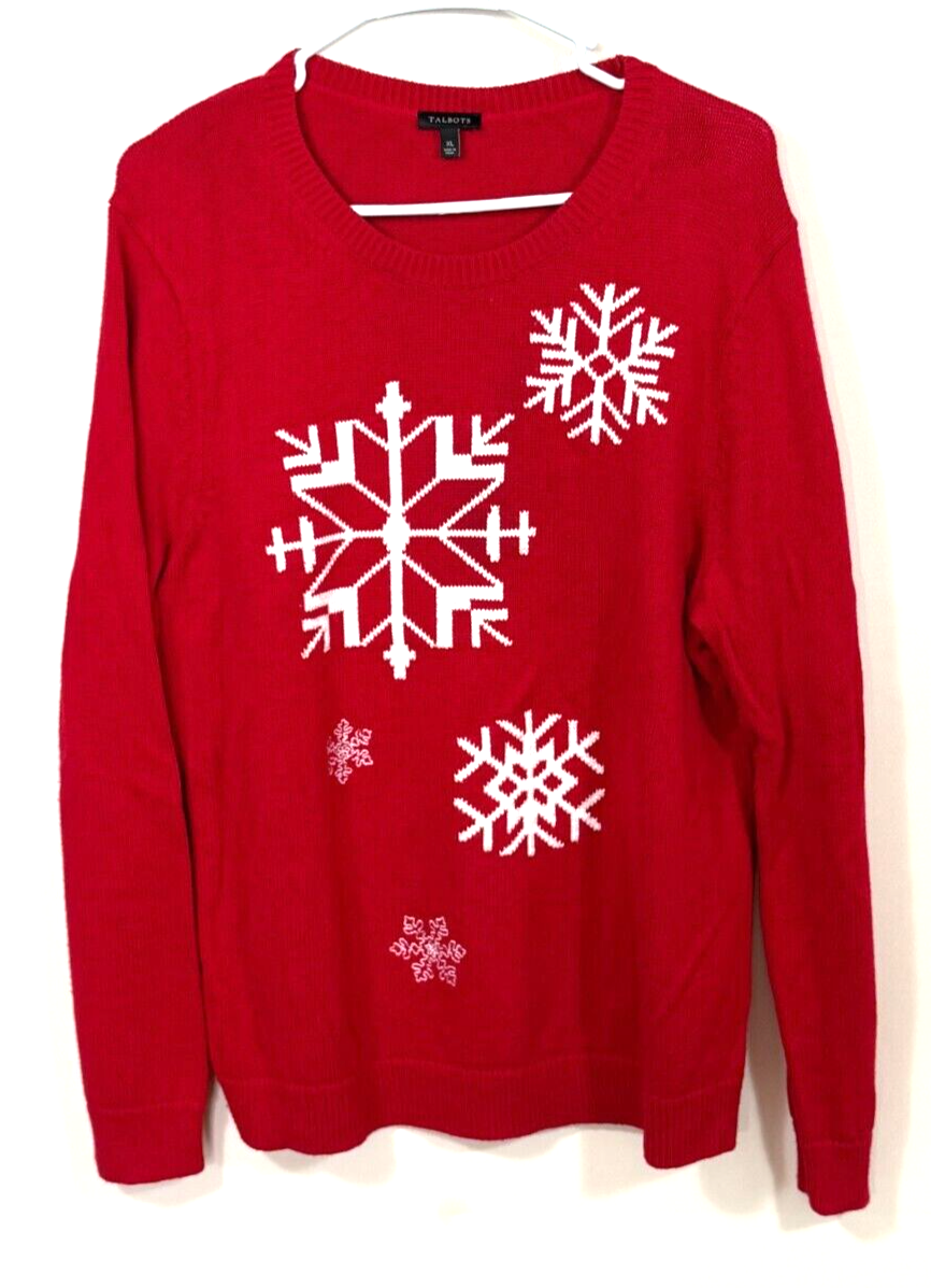Talbots Women's XL Red w/ White Knit Snowflakes Cotton Blend Christmas  Sweater