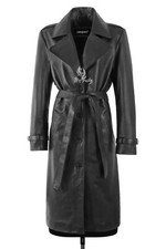 Women's Oversized Trench Coat Black Leather Lapel Collar Knee Length Coat Jacket