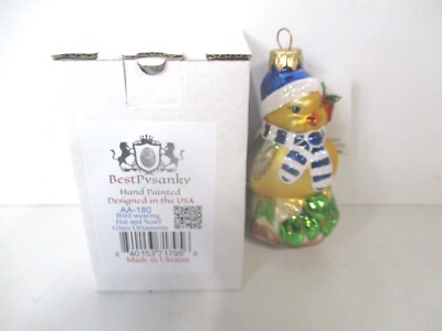 BestPysanky Hand Painted Bird Wearing Hat and Scarf Glass Christmas Ornament 