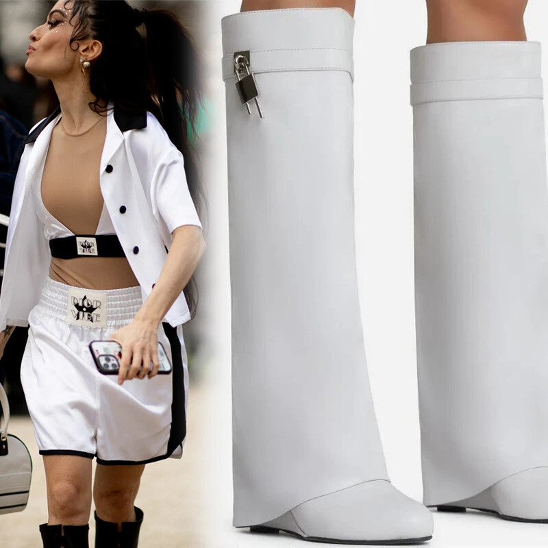 Retro Womens Round Toe High Wedge Heels Metal Lock Boots Oversized High Boots Sz - Image 4 of 4