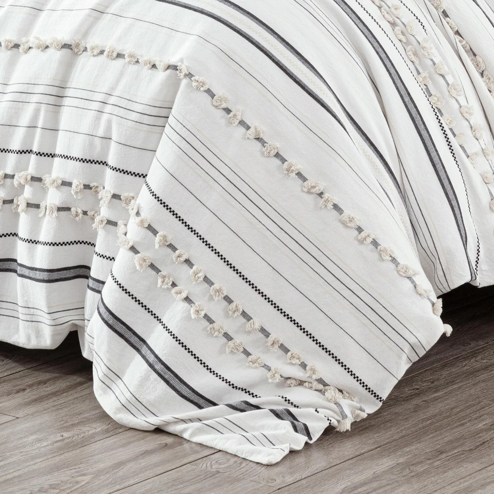 Juego de funda nórdica Chezmoi Collection Maru Jacquard algodón acolchado pompón rayas Foto 4 de 4