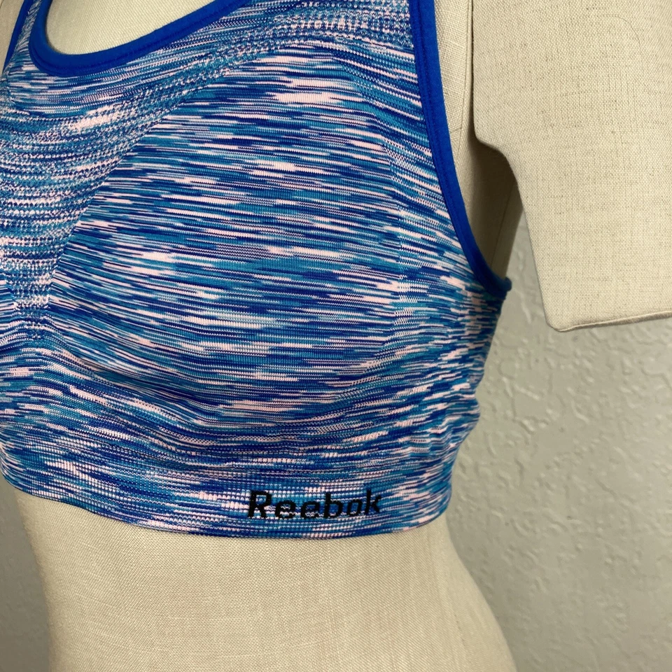 Sujetador deportivo Reebok para mujer grande espalda deportiva azul aguamarina rosa fitness entrenamiento atlético Foto 2 de 4