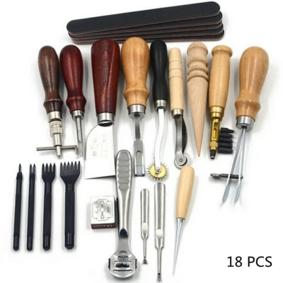 MARKENLOS Juego de herramientas de cuero de 18 piezas aguja costura cepillo guarnicionero artesanía coser agujero DE
