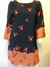 NEW RETRO BUTTERFLY NAVY ORANGE 3/4 SLEEVE HIPPIE BOHO TUNIC DRESS SMALL MEDIUM