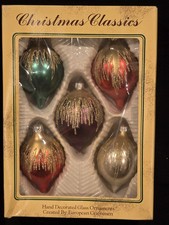 Vintage Commodore Classics 4pc Glitter Teardrop Glass Ornaments Hand Decorated