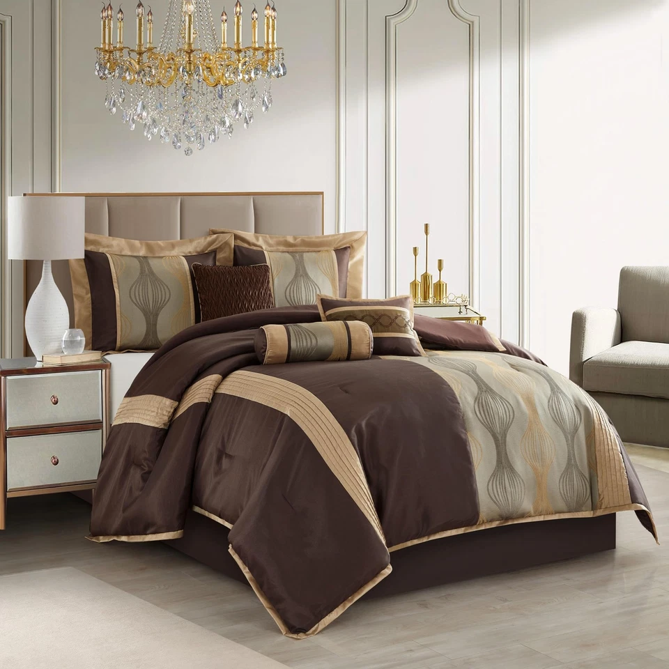 Elegante Juego de Edredón Marrón, Cama de 7 Piezas en Bolsa, Cal King Size, Rayas, Jac... Foto 2 de 4