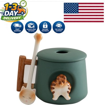 Unique Green Cat's Tail Mug - 3D Ceramic Design with Lid & Spoon for 14oz Drinks