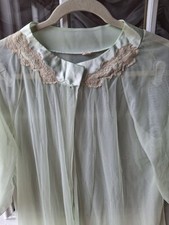 Vintage Size 32-34 Teal Chiffon Robe Puff Sleeves Lace Neck Decor Tiny Hole Neck