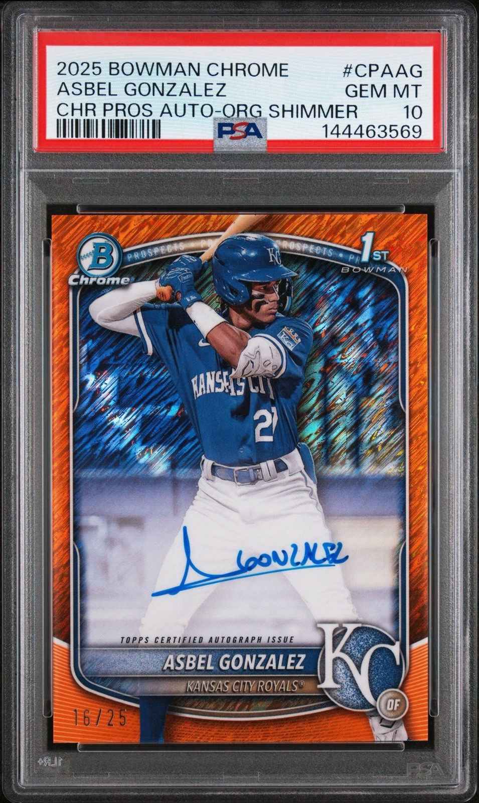 2025 Bowman Chrome Asbel Gonzalez 1st Auto /25 Orange Shimmer PSA 10 KC