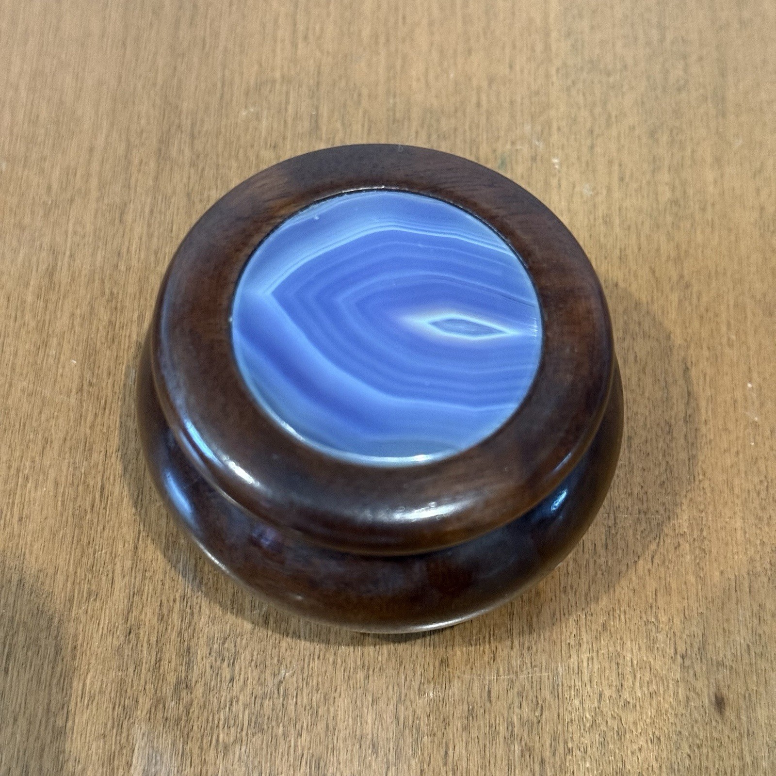 Woodstones Round Brazilian Wooden Blue Agate Stone Inlaid Trinket Jewelry Box