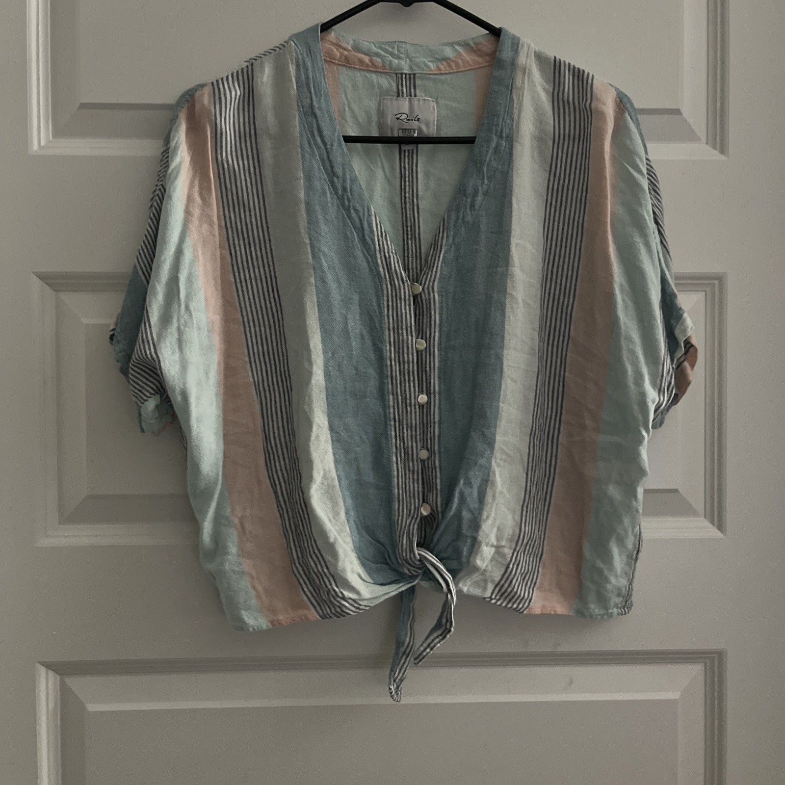 Rails Thea Highland Stripe Shirt Women’s Medium Blue Pink Linen Blend Button Up